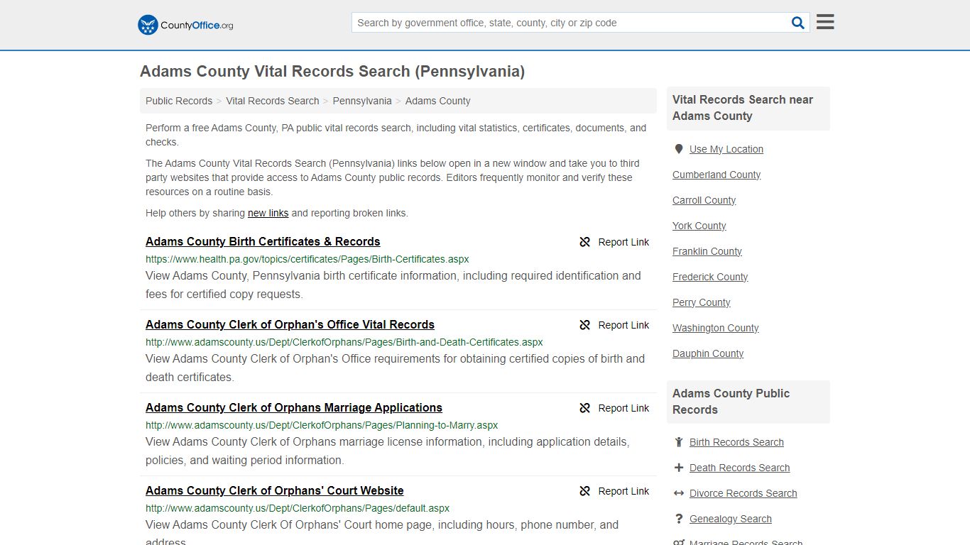 Adams County Vital Records Search (Pennsylvania) - County Office