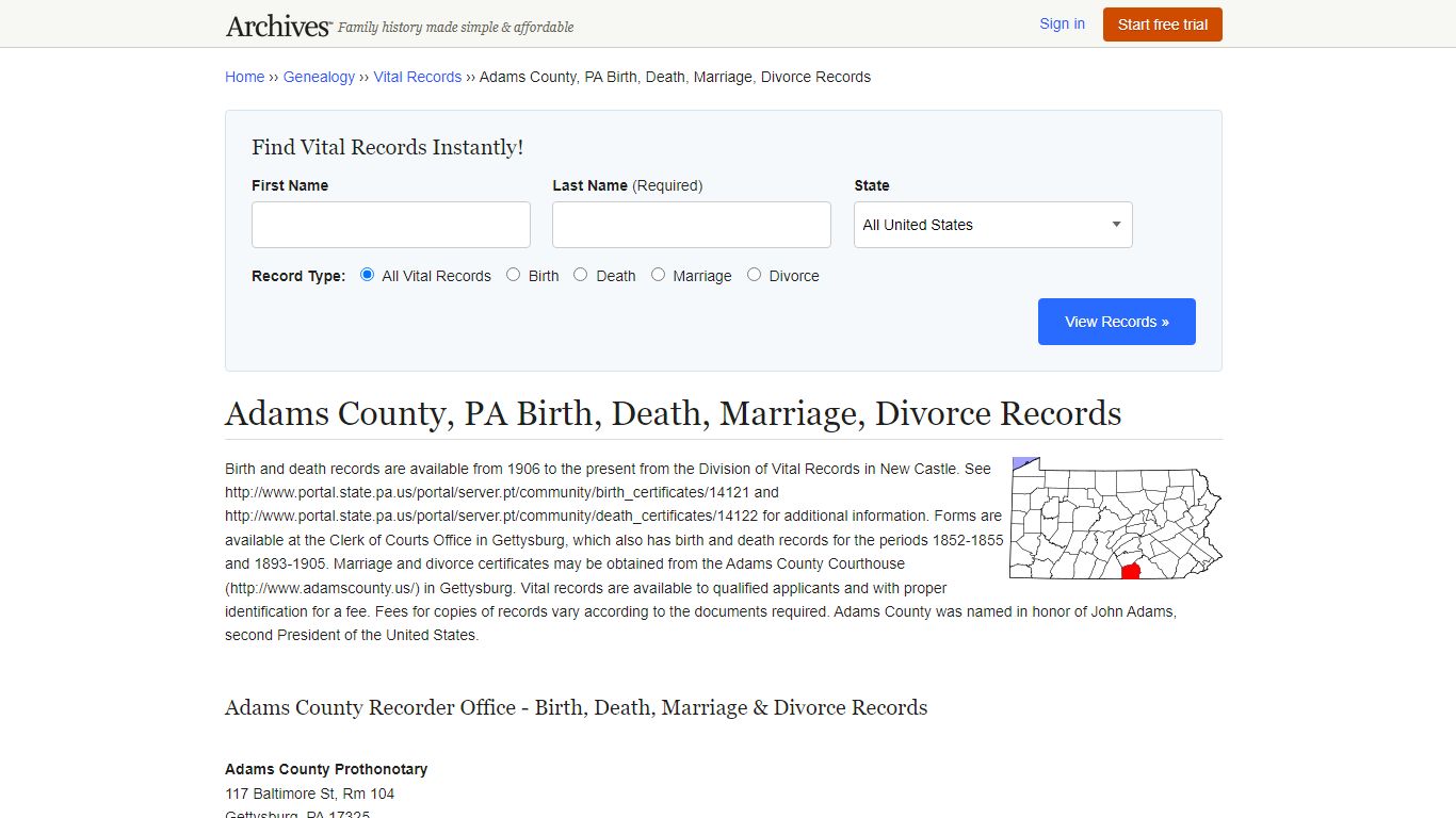 Adams County, PA Birth, Death, Marriage, Divorce Records - Archives.com
