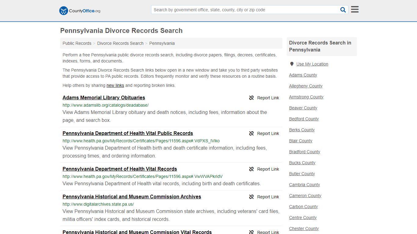 Pennsylvania Divorce Records Search - County Office